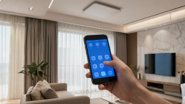 Casa inteligente em apartamento moderno com dispositivos Alexa e lâmpadas smart RGB controladas por smartphone