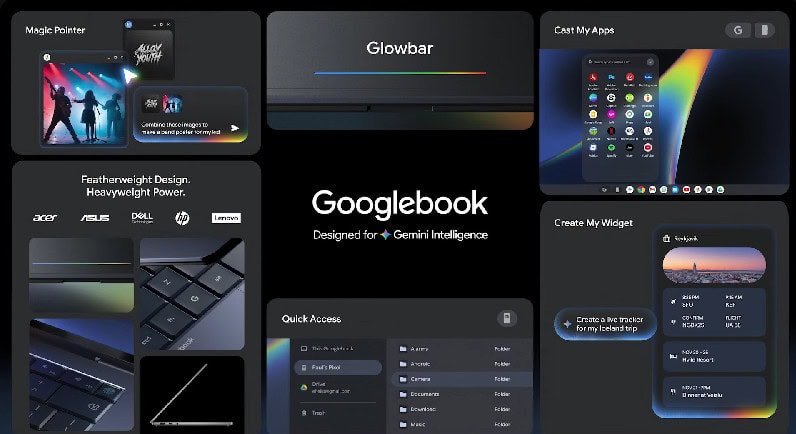Collage do novo Googlebook destacando o Magic Pointer, a barra luminosa Glowbar, a integração de apps do Android e o design leve dos parceiros Acer, ASUS e Del