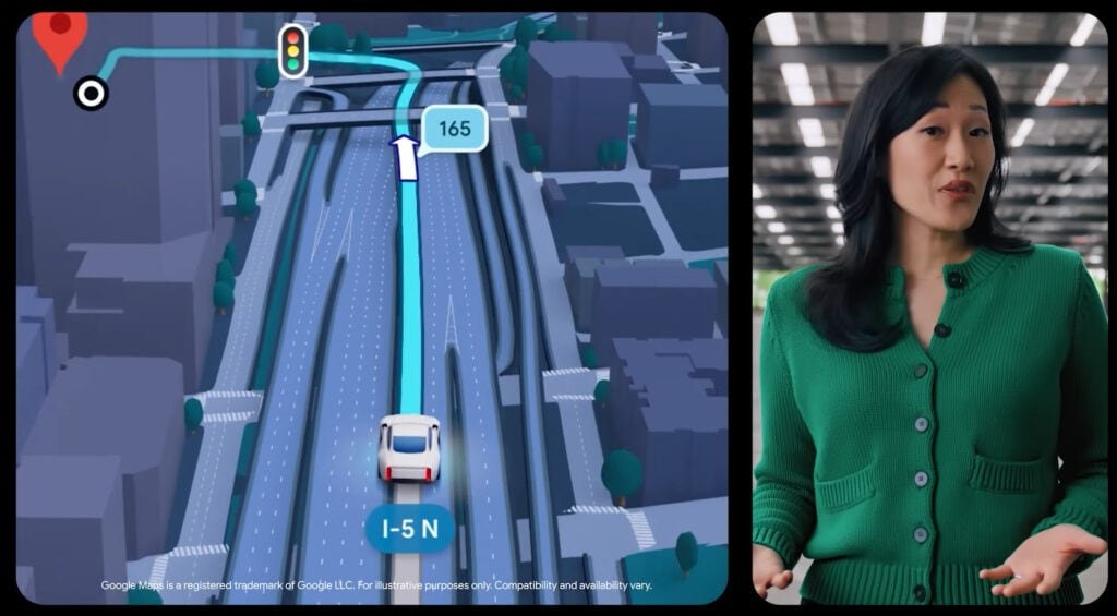 Interface do Google Maps em tela dividida exibindo a Navegação Imersiva com visualização 3D de rodovias e uma apresentadora no palco.