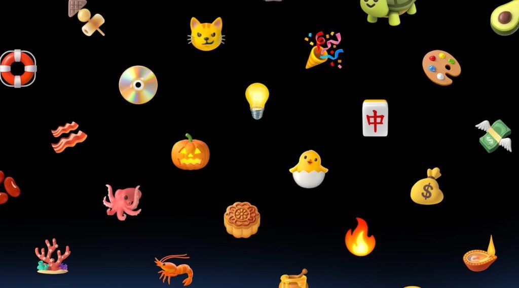 Coleção de emojis 3D da Noto espalhados sobre fundo preto, incluindo gato, lâmpada, abóbora, polvo, camarão, sorvete, maquiagem, salvavidas e outros símbolos coloridos e detalhados.