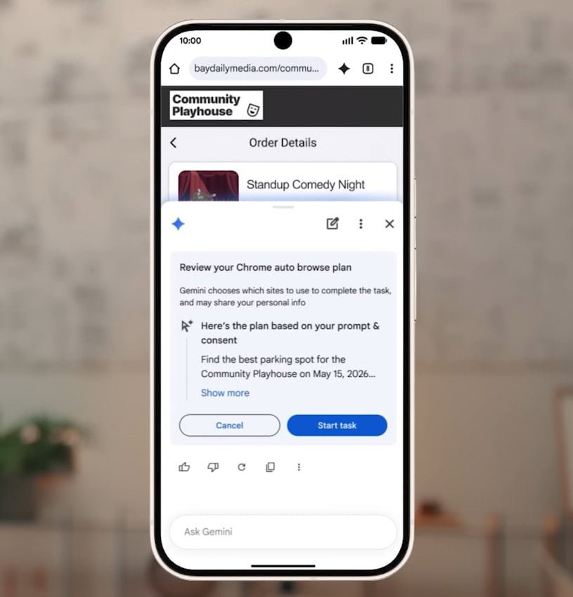 Tela de smartphone exibindo o navegador Chrome com uma janela de confirmação do recurso de auto-browsing do Gemini, solicitando aprovação do usuário para executar uma busca de estacionamento.
