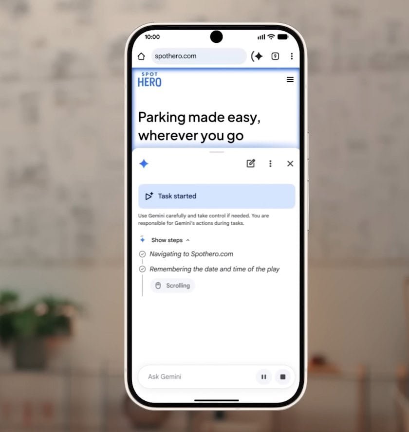 Smartphone exibindo o navegador Chrome com o Gemini em execução, mostrando automação de tarefa no site SpotHero com etapas de navegação sendo realizadas automaticamente.