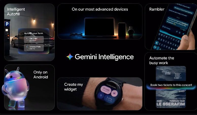 Collage promocional do Gemini Intelligence no Android Show 2026 mostrando: Intelligent Autofill preenchendo formulário de estacionamento, dispositivos Android avançados, Rambler no teclado, robô Android colorido, criação de widgets no smartwatch, automação de tarefas e compra de ingressos para show LE SSERAFIM. Novidades do ecossistema Android apresentadas no evento
