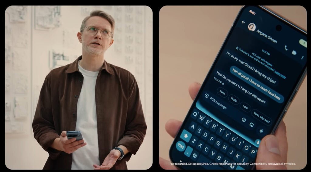 Homem usando smartphone e tela mostrando o Gemini ajudando a redigir mensagem de texto em conversa sobre encontro e comida
