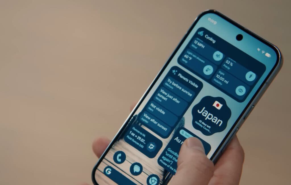Mão segurando smartphone exibindo a função 'Create My Widget' com widgets personalizados de ciclismo, astronomia e viagem para o Japão na tela inicial