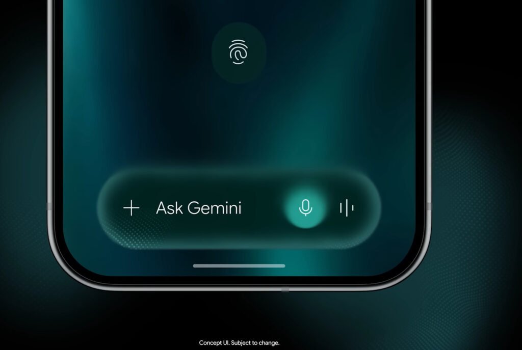 Tela de smartphone exibindo interface do "Ask Gemini" com barra flutuante contendo botão de adição, ícone de microfone ativo e botão de pausa, sobre fundo verde-azulado com ícone de impressão digital no topo.