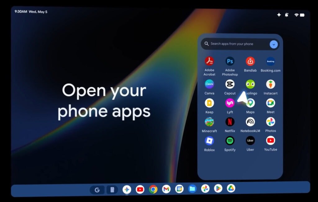 Interface do Googlebook exibindo o recurso Quick Access, com uma janela flutuante listando aplicativos de smartphone (como Maps, Netflix e Spotify) prontos para uso no laptop, ao lado do texto "Open your phone apps".