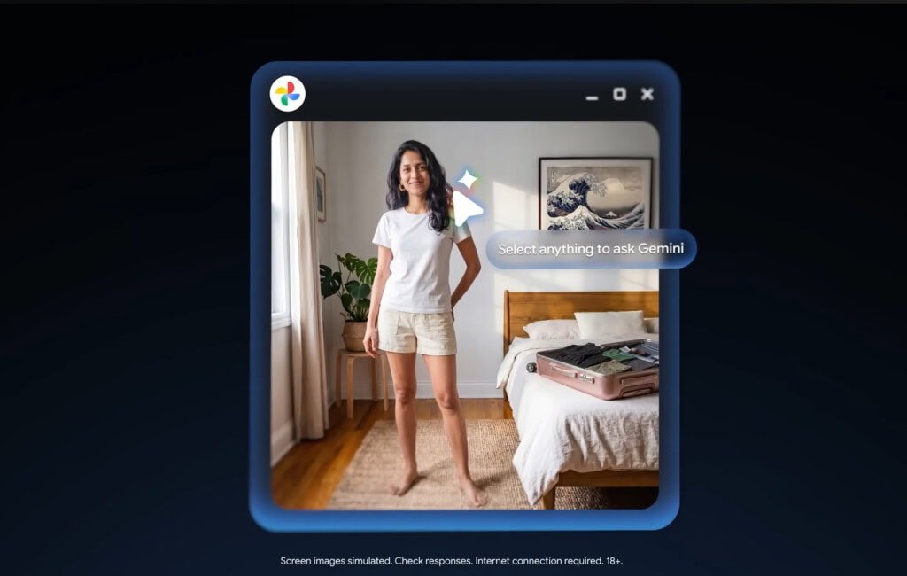 Tela de laptop Googlebook exibindo o recurso Magic Pointer: à esquerda, um catálogo de padrões de papel de parede; à direita, janelas de visualização de imagens com foto de um quarto de bebê e menu contextual do Gemini com opções como "Search with Lens" e "Create image"