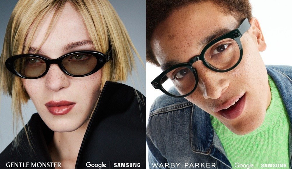 À esquerda, o óculos inteligente da Gentle Monster; à direita, o óculos inteligente da Warby Parker. Imagem: Samsung/Reprodução