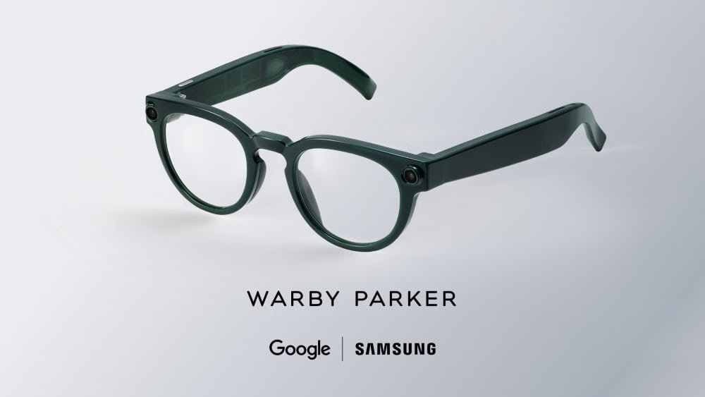 Armação verde Warby Parker dos óculos inteligentes criados por Samsung e Google